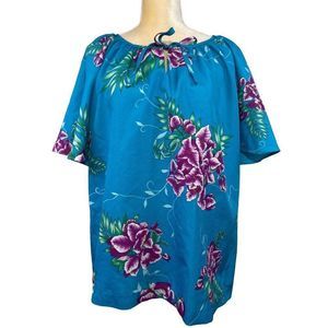 80s Vintage Hilo Hatties Blue and Purple Floral Short Sleeve Blouse Size 2X